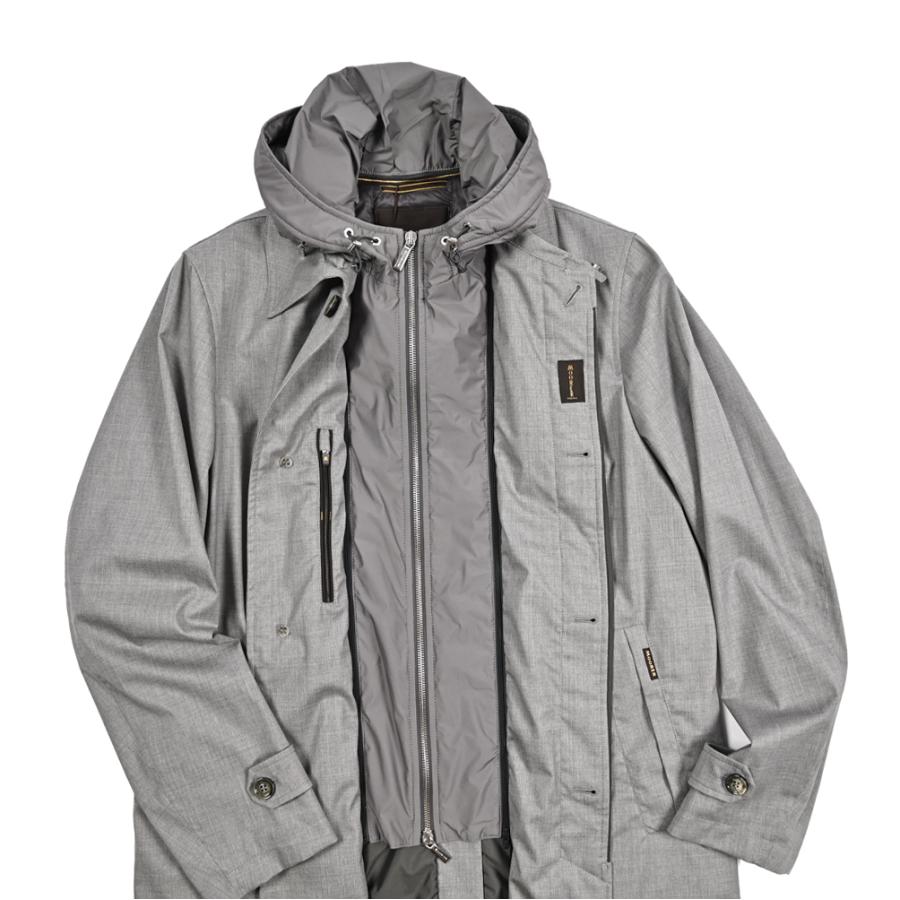 MOORER ムーレー / EDWIN-L5 フード付き ダウンステンカラーコート フライフロント ライトアウター ACQUA RESISTANT 撥水透湿 ウール シルク グレー / セールの画像