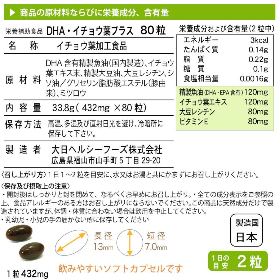 DHA・イチョウ葉プラス 80粒入×6袋（約8カ月分）DHA EPA オメガ３ サプリ  イチョウ葉 大豆レシチン ビタミンE ・2袋以上購入で5日分サンプル付｜sizensozaishop｜09