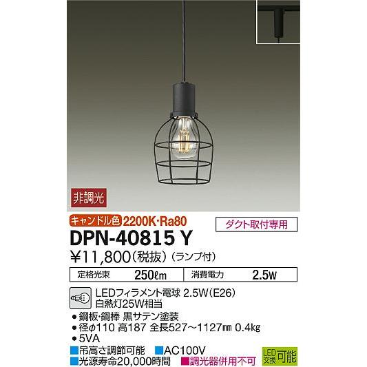 照明 おしゃれ  大光電機 DAIKO   ペンダントライト  DPN-40815Y ダクトレール用  黒サテン塗装  LEDフィラメント電球 LEDキャンドル色  白熱灯25W相当｜sjg-f｜02