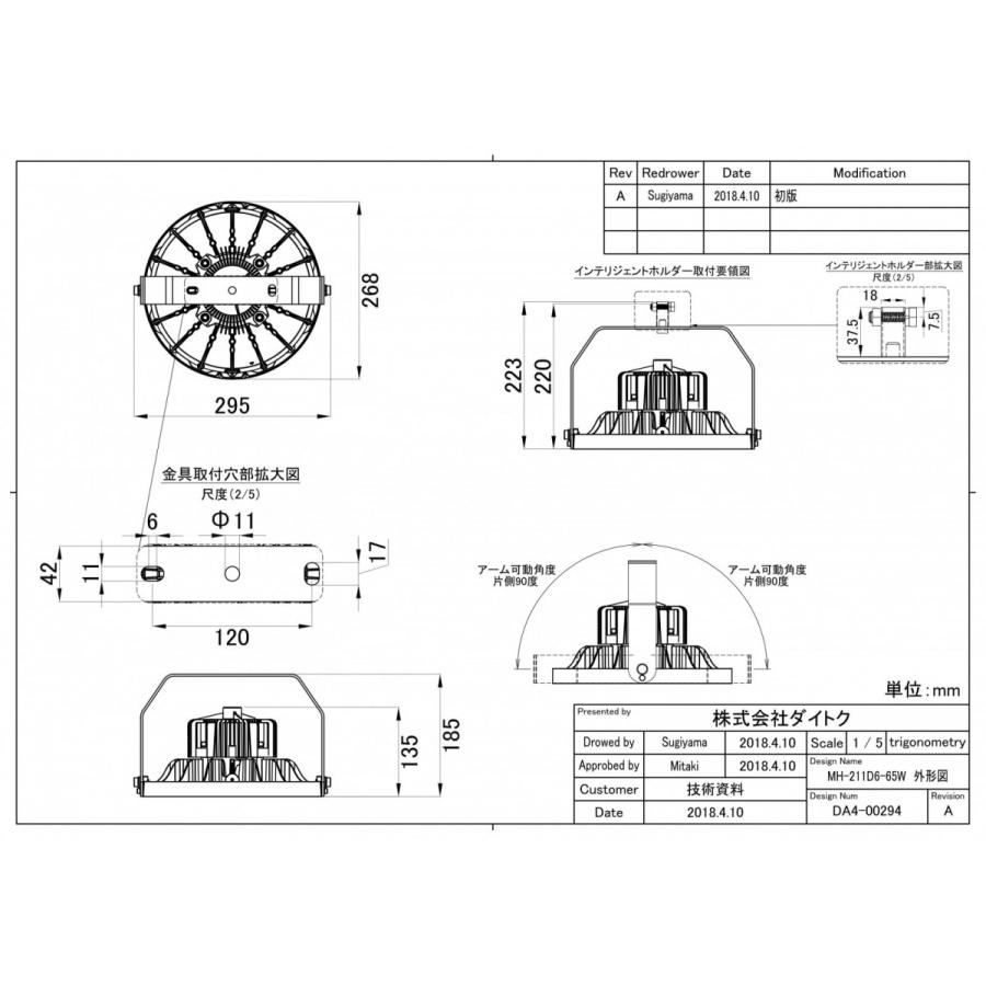 LED投光器・高天井灯 水銀灯400W相当 昼白色 中角配光タイプ MH-211D6-65W-5000K 屋内・屋外仕様 電源内蔵型 工場・倉庫・店舗などにおすすめ!