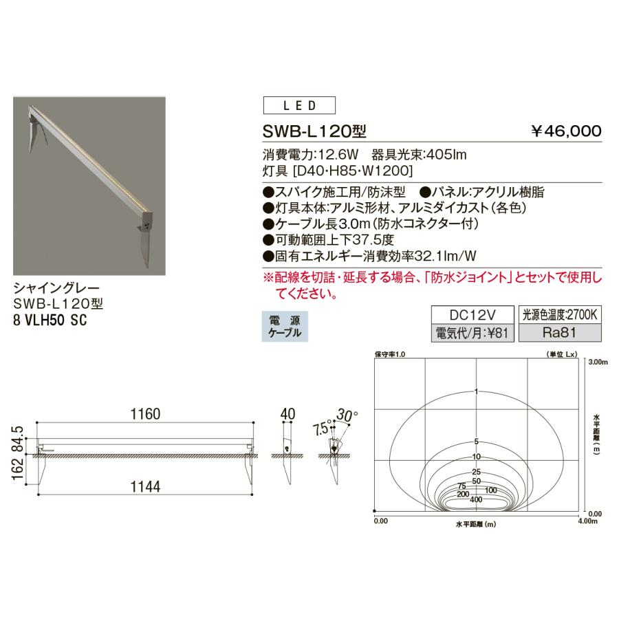 LIXIL リクシル 12V照明 美彩  ウォールバーライト H200 SWB-L120型(スパイク施工用)・WB-L120型(壁面施工用) シャイングレー 8VLH50SC、8VLH47SC エクステリア - 3