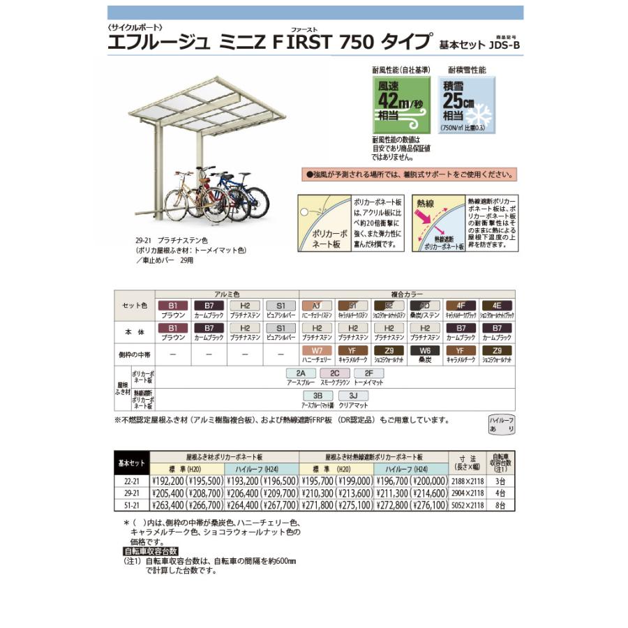 サイクルポート　YKK　YKKap　アルミ色　ミニZ　標準高(H20)　基本セット　3台用　エフルージュ　FIRST　22-21　750タイプ　ポリカーボネート　2188mm×2118mm