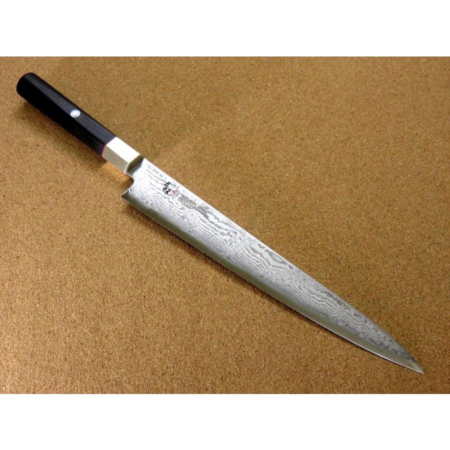 包丁 筋引包丁 24cm (240mm) 三昧 ハイブリッド スプラッシュ ダマスカス 33層 VG-10 関の刃物 黒合板 両刃 刺身包丁 スライサー 日本製｜sk2excellent｜03