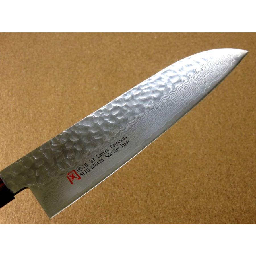 包丁 三徳包丁 18cm (180mm) 伊勢屋 ダマスカス 33層 V金10号 関の刃物 鎚目 黒パッカー 両刃 万能包丁 文化包丁 野菜 肉切 魚処理 日本製｜sk2excellent｜05