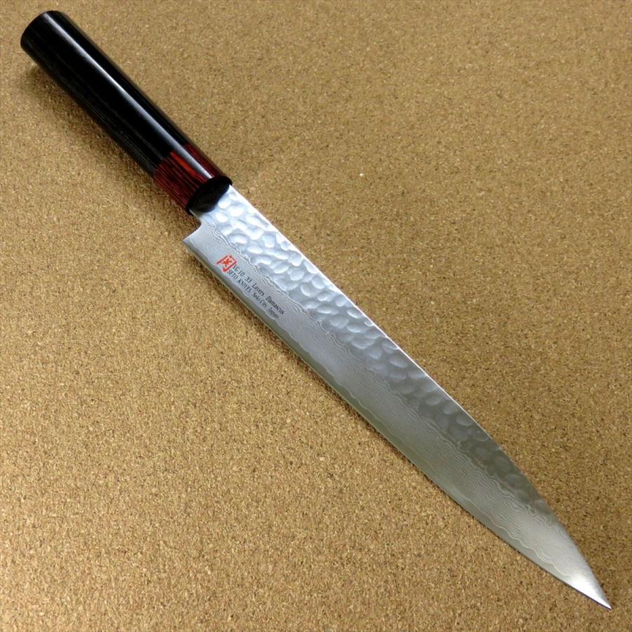 包丁 刺身包丁 21cm (210mm) 伊勢屋 ダマスカス 33層 V金10号 関の刃物 鎚目 鍛錬 片刃形状 両刃付け 右利き 刺身を切る 柳葉包丁 日本製｜sk2excellent