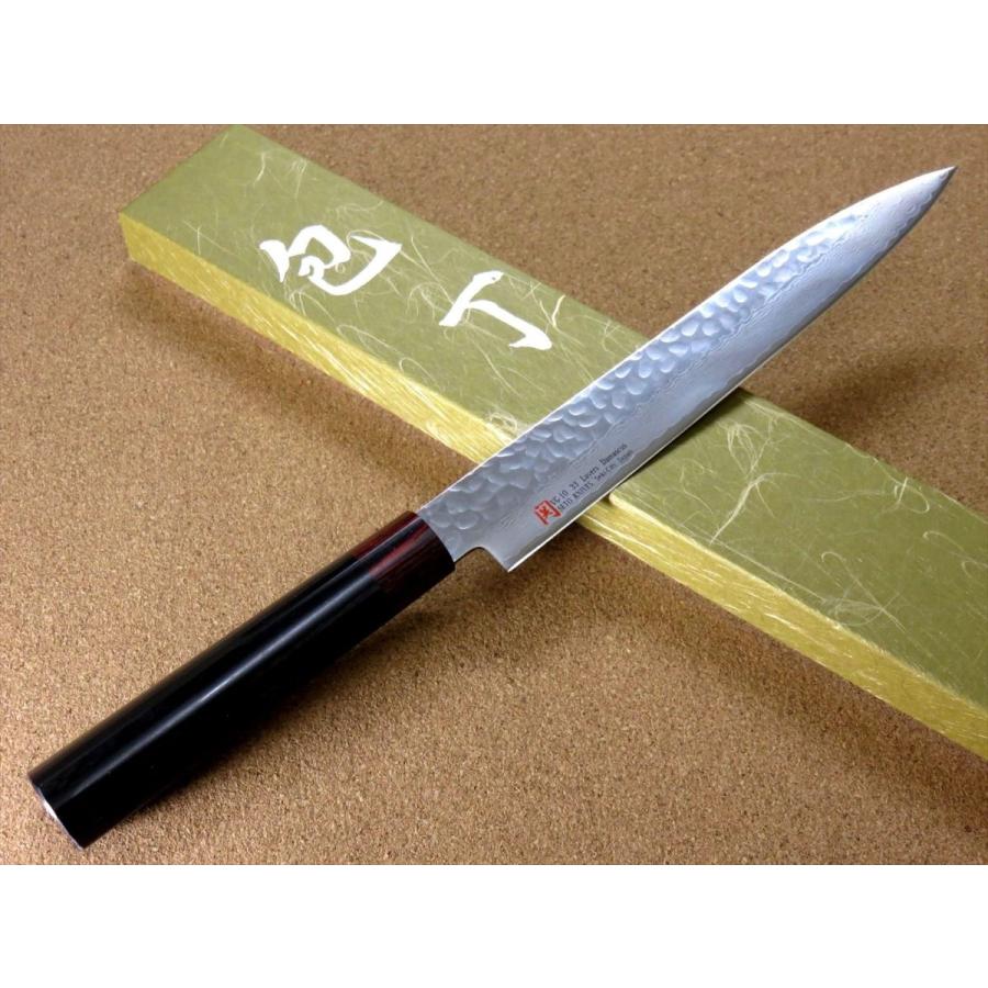 包丁 刺身包丁 21cm (210mm) 伊勢屋 ダマスカス 33層 V金10号 関の刃物 鎚目 鍛錬 片刃形状 両刃付け 右利き 刺身を切る 柳葉包丁 日本製｜sk2excellent｜02