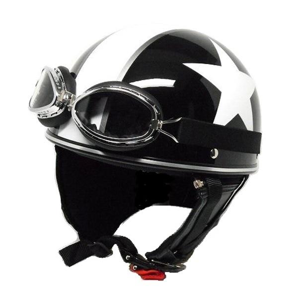 ゴーグル付き ハーフヘルメット 2021高い素材 半キャップ 黒 125cc以下のバイクにオススメ スター 正規品直輸入 星マークがオシャレなビンテージヘルメット ブラック