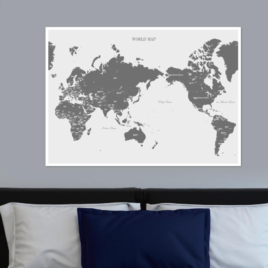 ポスター 世界地図 おしゃれ 日本語と英語の表記グレイ 人気a2サイズ A3