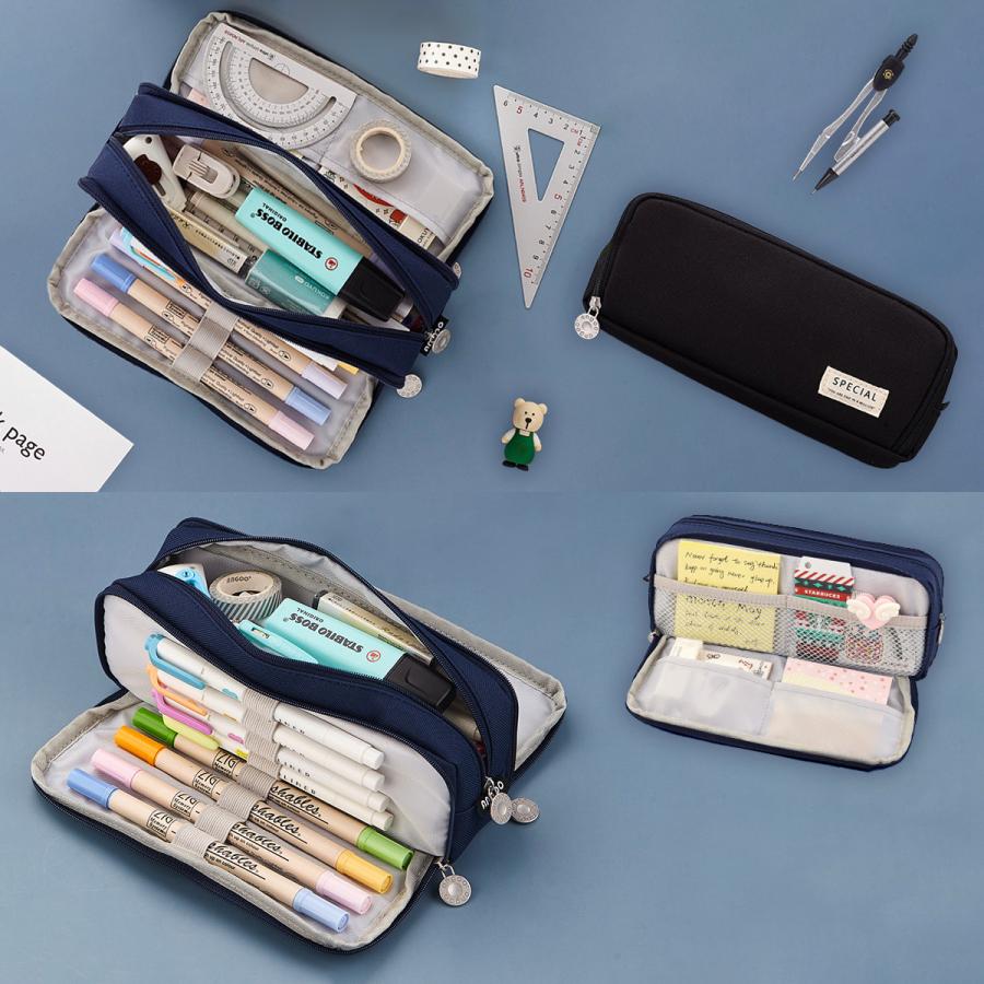 ペンケース 帆布 多機能 黒 ブラック 紺 ネイビー 大容量 筆箱 ふでば