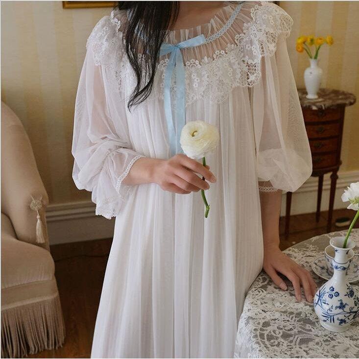 ルームウェア ナイトドレス 部屋着 ロングワンピースパジャマ ネグリジェ 姫系可愛いルームウェア レースシースルーレトロ宮廷風部屋着二枚 誠実