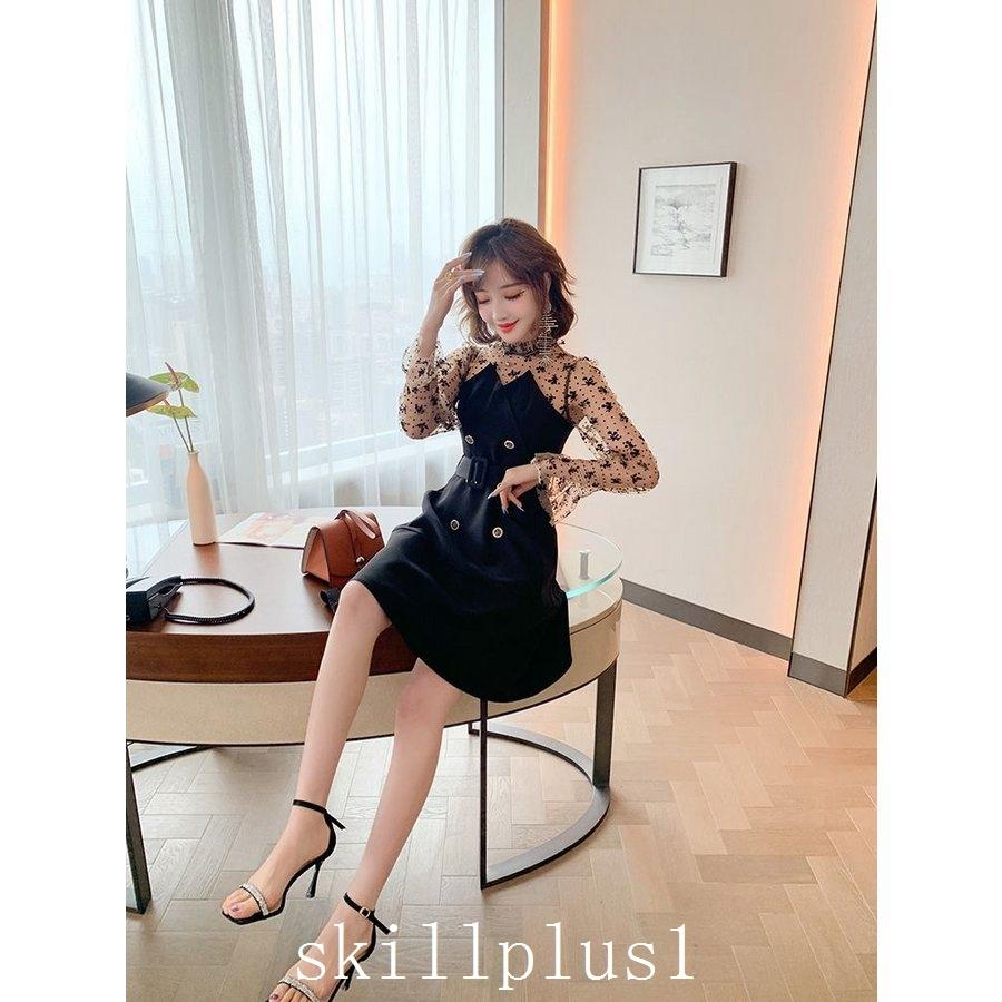 正規通販 長袖 ドッキングワンピ ワンピース 異素材 お出かけファッション Thi40 ママスタイル 食事会 大人カジュアル ガーリー ハイウエスト 首元フリル 薄手 異素材 長袖 ドッキングワンピ ワンピース ハイ 首元フリル 薄手 ワンピース チュニック Amiro Pl