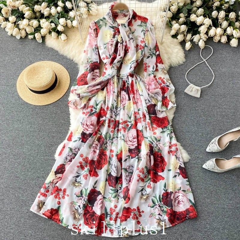 福袋特集 21 モダン ホワイト母親 花柄 スカーフ ボウタイ ロング丈 長袖 レディースファッション レディース スカート ワンピース 魅力的 Pks56 美人 レディース 可愛い ワンピース カラー 1 Color