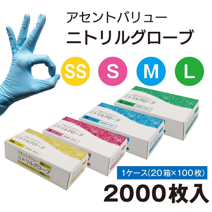 送料無料】2000枚/1箱 ニトリル手袋（パウダーフリー）アセント SS・S