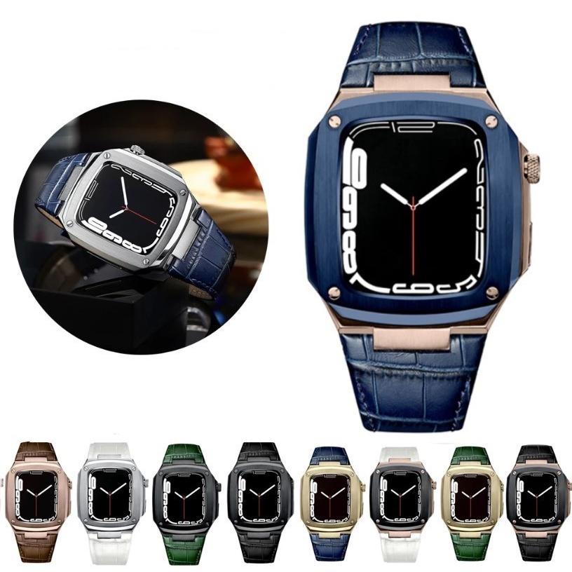 [一部即納あり]Apple Watch アップルウォッチ クロコダイル風 レザー＆ステンレス 高級感 バンパーケース+替えベルト 40mm 44mm