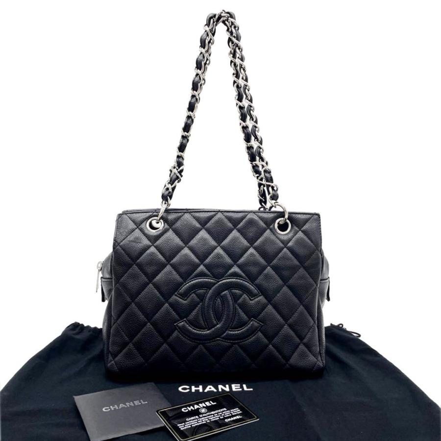 CHANEL シャネル チェーントートバッグ マトラッセ プチタイムレス キャビアスキン ブラック シルバー金具 11番台 A18004