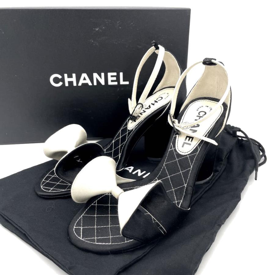 CHANEL シャネル ストラップサンダル リボン サテン ブラック ホワイト 
