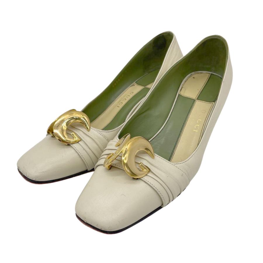 GUCCI グッチ パンプス レザー ハーフムーンGG アイボリー系 ゴールド 