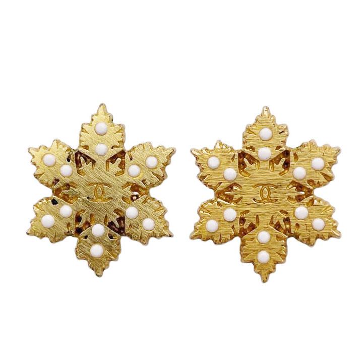 CHANEL シャネル ピアス スノーフレーク 雪の結晶 ゴールド ホワイト 