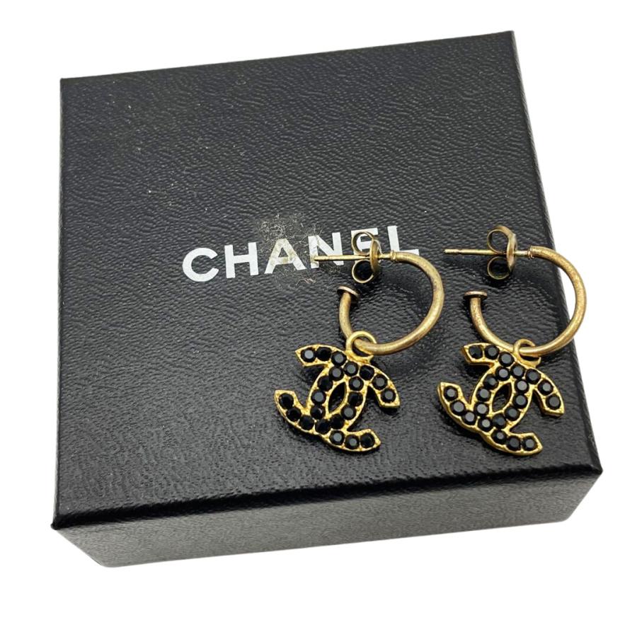 CHANEL シャネル フープピアス ココマーク ラインストーン ブラック