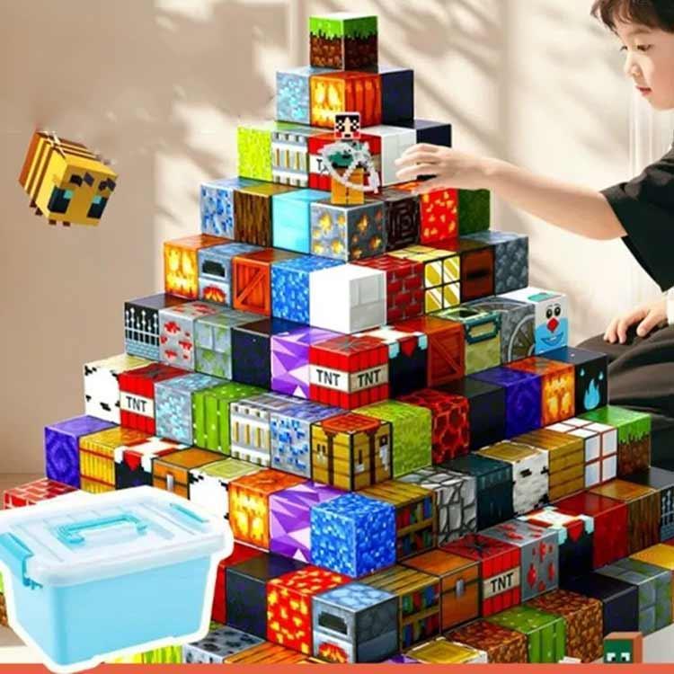 マグネット ブロック マインクラフト 磁石 積み木 ランダム発送 マイクラ風ミニフィグ ミニフィギュア付 収納ボックス付 キューブ おもちゃ 知育玩具の画像