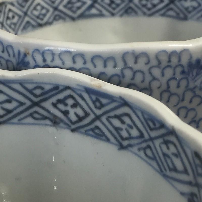 古伊万里 染付 微塵唐草 見込松竹梅 成化年製 輪花 蕎麦猪口 向付 3客 