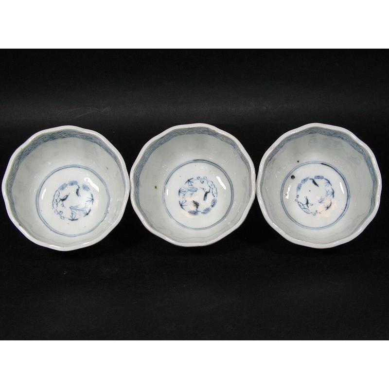 古伊万里 染付 微塵唐草 見込松竹梅 成化年製 輪花 蕎麦猪口 向付 3客  