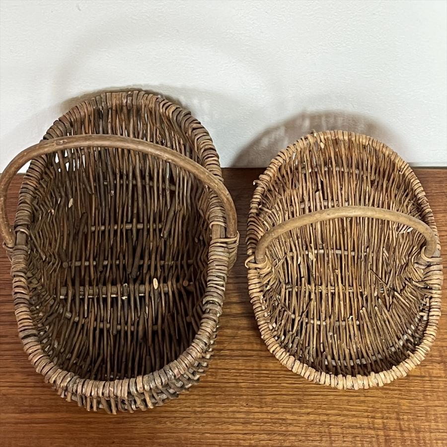 古民具手編み籠大と小セット ヴィンテージ 昭和レトロ ハンドメイド 籐編籠 手つきカゴ 大小