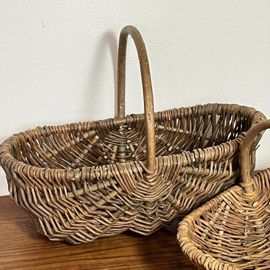 ヴィンテージ 昭和レトロ ハンドメイド 籐編籠 手つきカゴ 大小セット