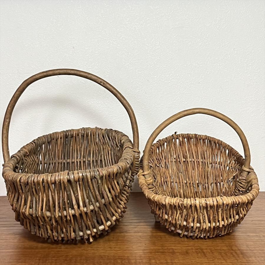 ヴィンテージ 昭和レトロ ハンドメイド 籐編籠 手つきカゴ 大小セット