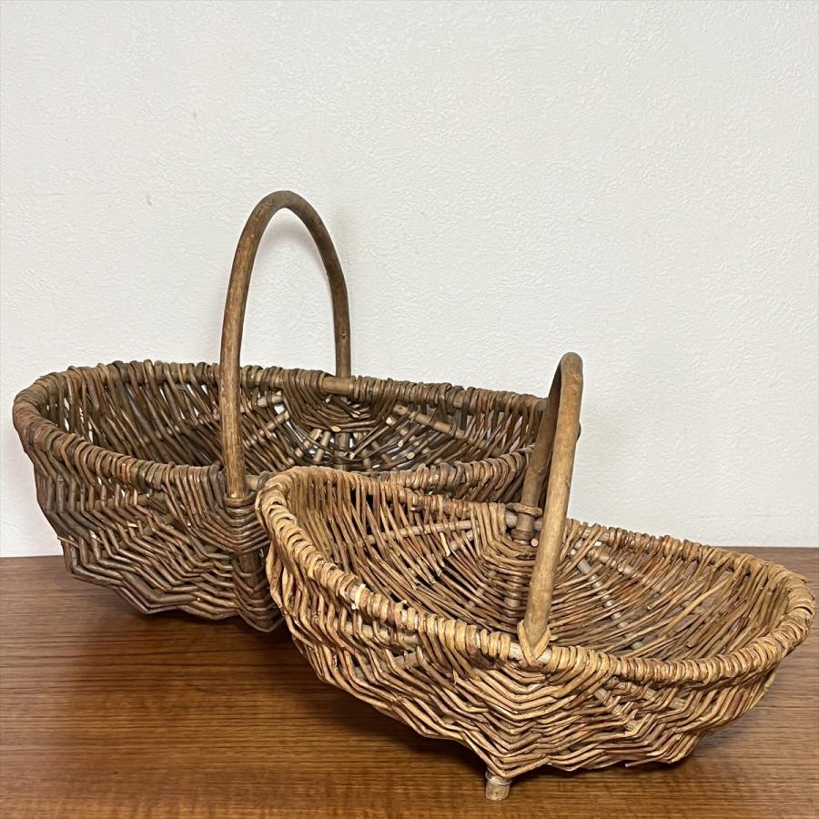 ヴィンテージ 昭和レトロ ハンドメイド 籐編籠 手つきカゴ 大小セット