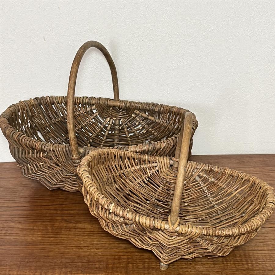 ヴィンテージ 昭和レトロ ハンドメイド 籐編籠 手つきカゴ 大小セット
