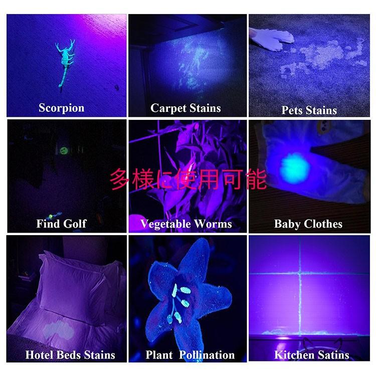 ブラックライト LED UV ライト 紫外線 100LED 懐中電灯 殺菌 光る 汚れ 汚れ対策 蛍光確認 蛍光反応 ペット 犬 猫 尿 跡 菌 カビ 掃除 照射 偽造防止｜sky-sky｜07