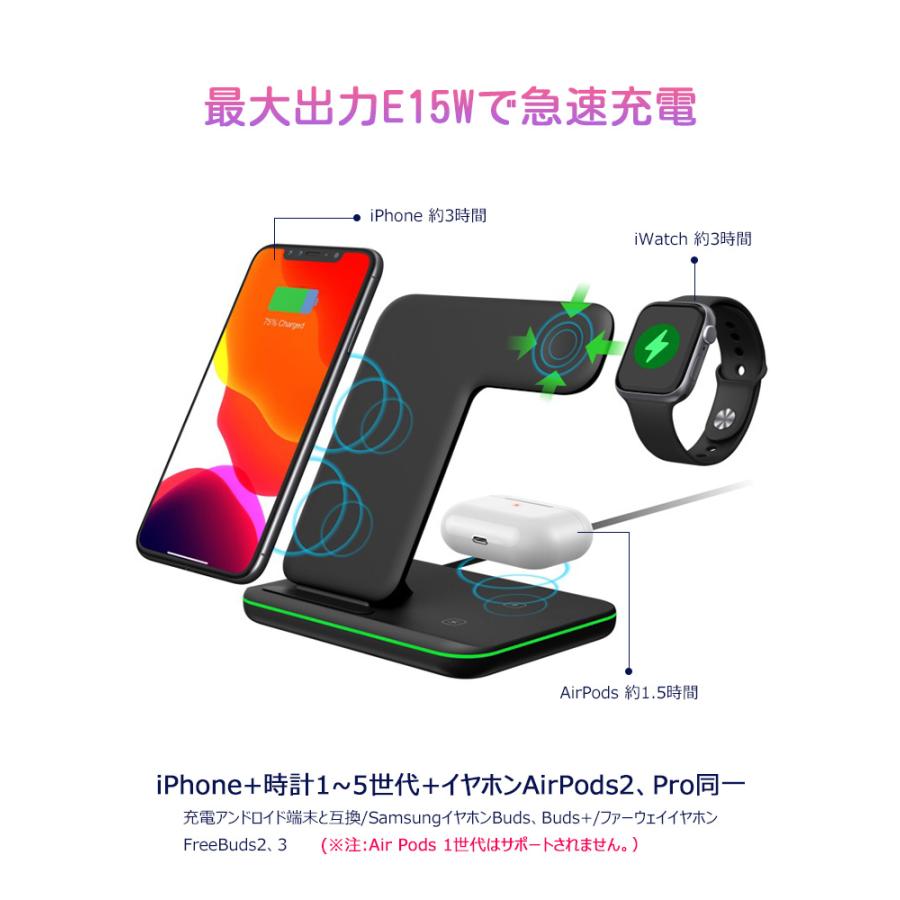 ワイヤレス充電器 3in1 iphone 15w ワイヤレス 充電器 スタンド iPhone Android アンドロイド 充電スタンド スマホ Qi 急速充電 3台同時充電可能｜sky-sky｜07