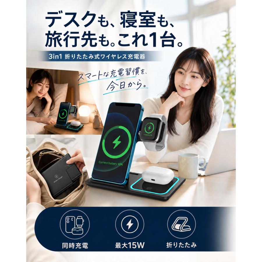 ワイヤレス充電器 3in1 iphone16 折り畳み式 ワイヤレス 充電器 無線