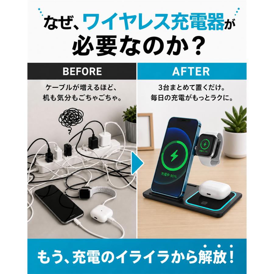 ワイヤレス充電器 3in1 iphone16 折り畳み式 ワイヤレス 充電器 無線