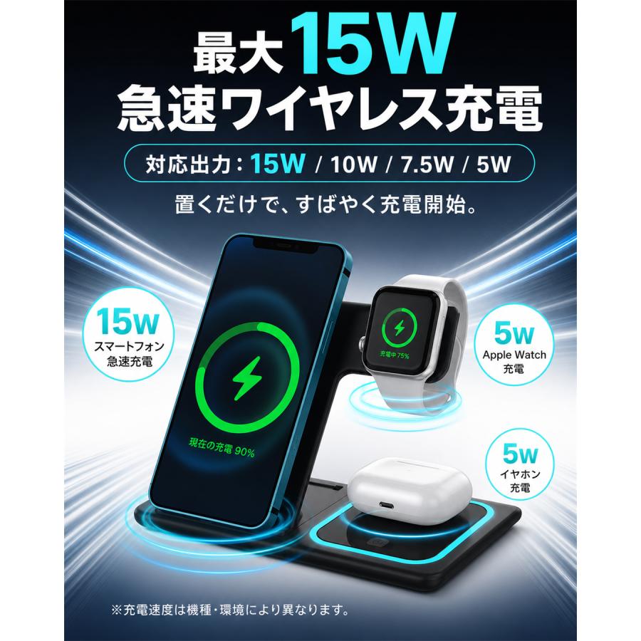 ワイヤレス充電器 3in1 iphone16 折り畳み式 ワイヤレス 充電器 無線
