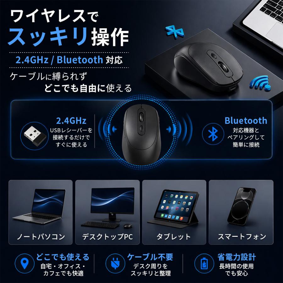 静音 ワイヤレスマウス Bluetooth 2.4GHz USB充電式 軽量 黒 |  | 03