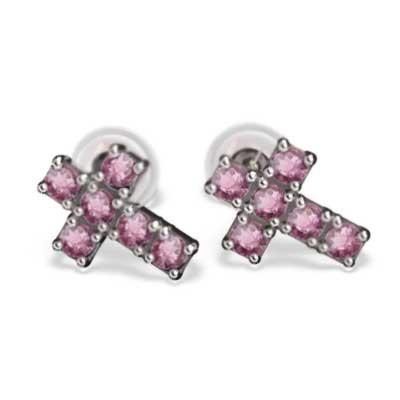 18金ホワイトゴールド ペアピアス ミニ クロス 10月誕生石 ピンクトルマリン キャッチ付き