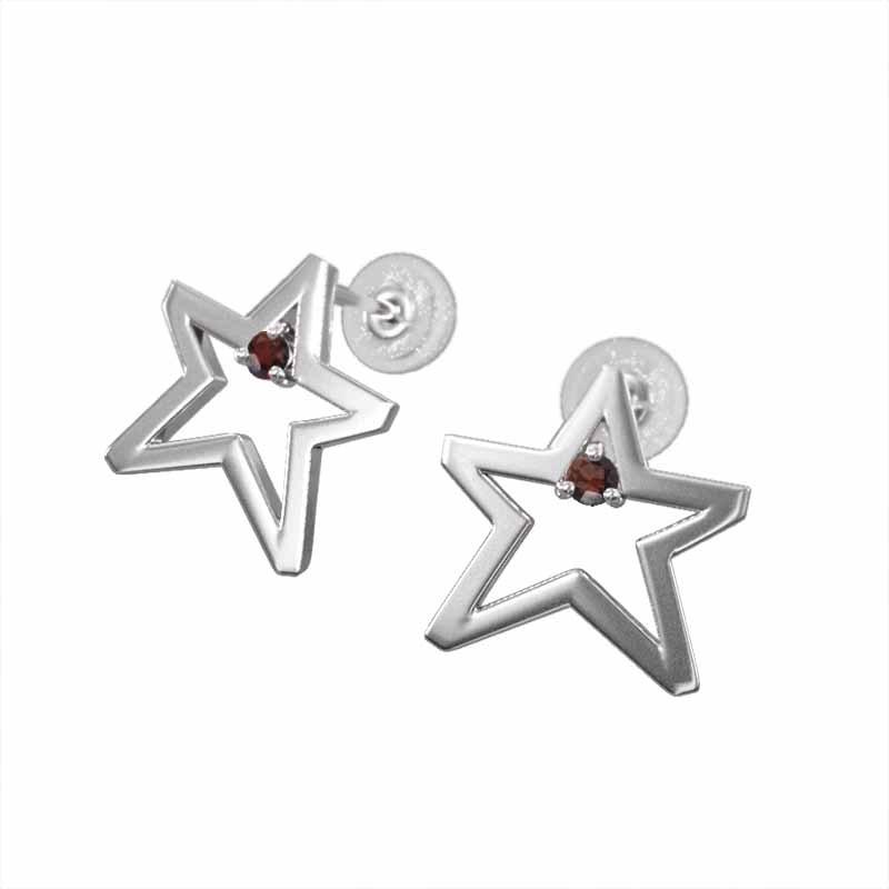 k18ホワイトゴールド 両耳 ピアス スター ヘッド 一粒 1月の誕生石 ガーネット キャッチ付き 中サイズ