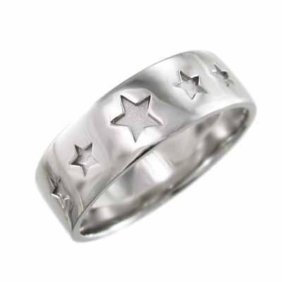 ラウンド 平打 18金ホワイトゴールド シンプル リング 平打ち ジュエリー スター リング 約7mm幅 スター シンプル メンズアクセサリー