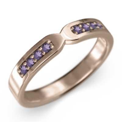 独特の上品 平打ちの 18金ピンクゴールド アメジスト(紫水晶) 指輪 マリッジリング