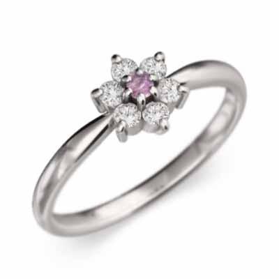 クリスマス特集2022 ピンクサファイア 天然ダイヤモンド 指輪 花 モチーフ 10月の誕生石 k18ホワイトゴールド 指輪