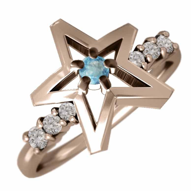 k10ピンクゴールド Star スター 指輪 ブルートパーズ 天然ダイヤモンド