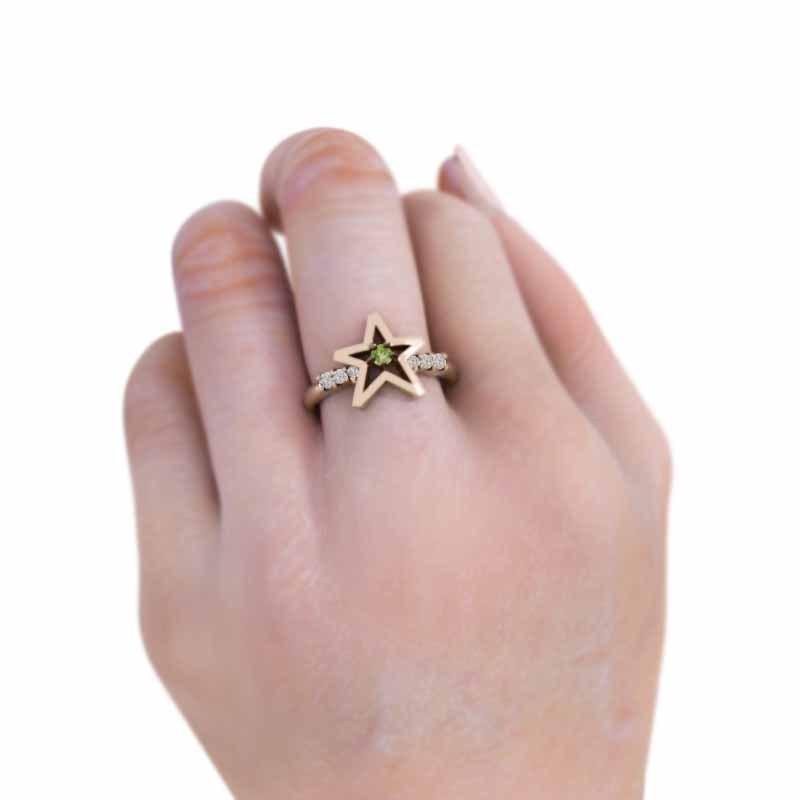 喜ばれる誕生日プレゼント 指輪 星 デザイン ペリドット 天然ダイヤモンド k10ピンクゴールド