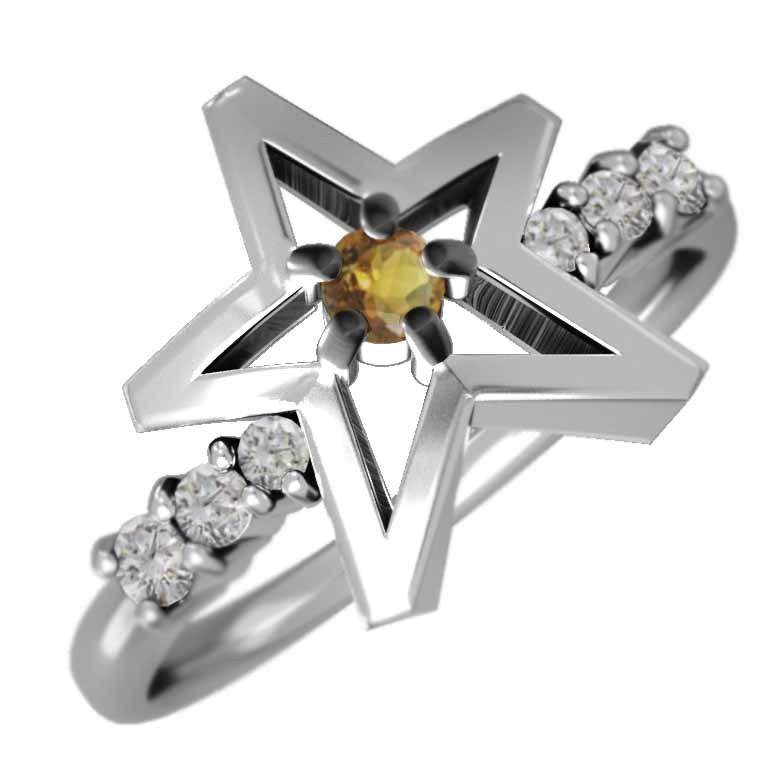 指輪 k10ホワイトゴールド スター ヘッド シトリン 天然ダイヤモンド 11月誕生石