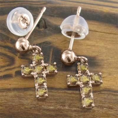 ピンクゴールドk18 両耳 ピアス シトリントパーズ 11月誕生石 ミニ クロス十字架 キャッチ付き