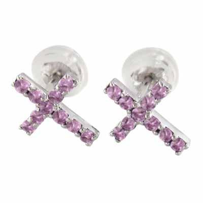 クロス 両耳 ピアス ピンクサファイヤ Pt900 キャッチ付き