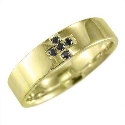 ブラックダイヤモンド(黒ダイヤ) リング クロス十字架 ファイブストーン 18kイエローゴールド 4月誕生石