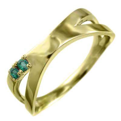 エメラルド 平らな指輪 クロス ジュエリー k18イエローゴールド 5月誕生石 X型