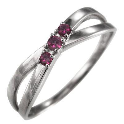 リング クロス十字架 スリーストーン ルビー ホワイトゴールドk10 7月誕生石 X型